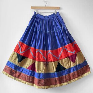 Vintage 70s 80s Colorful Cotton Geometric Patchwork Full Midi Indian Skirt